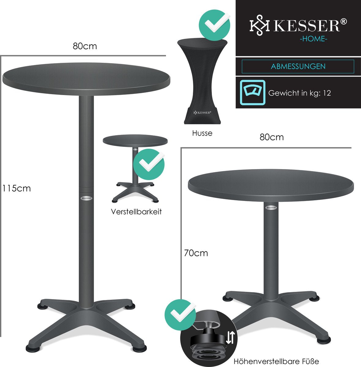 KESSER® Bartafel - Bistrotafel - Verstelbaar - 70-110cm - Antraciet