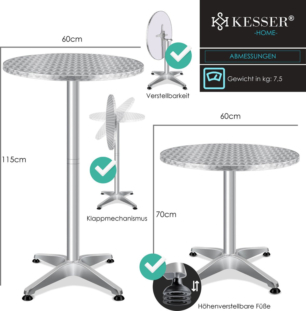 KESSER® Bartafel - Bistrotafel - Verstelbaar - 70-110cm - Zilver •