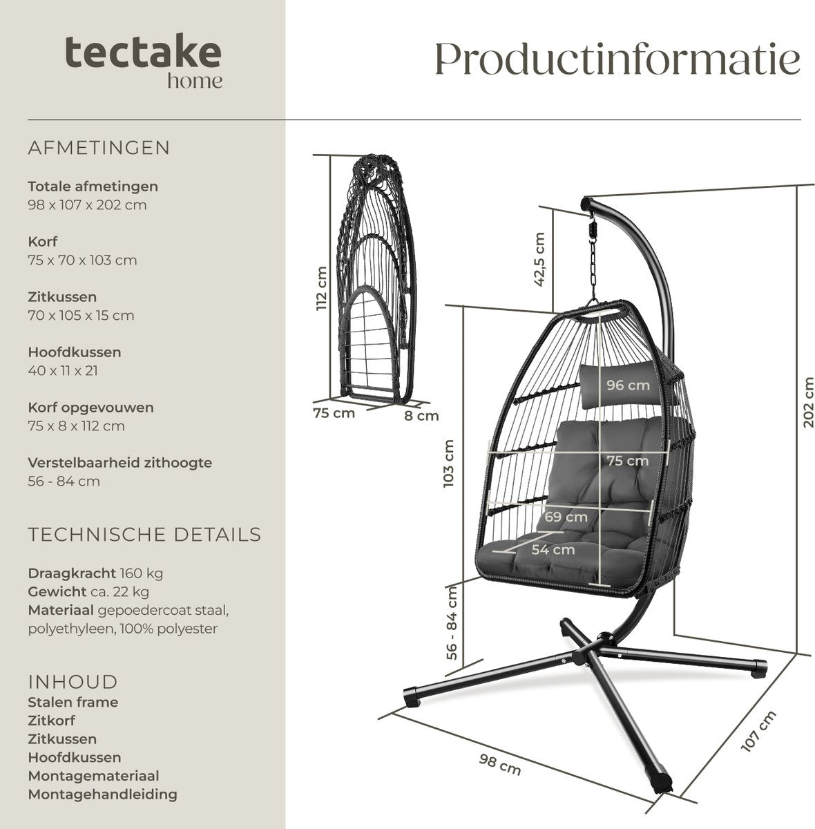 tectake® - Luxe hangstoel - Opvouwbare en draaibare egg chair met standaard - Dikke kussens - Antislipvoeten - Inclusief beschermhoes - Ideaal voor buiten, tuin, terras en slaapkamer - Donkergrijs