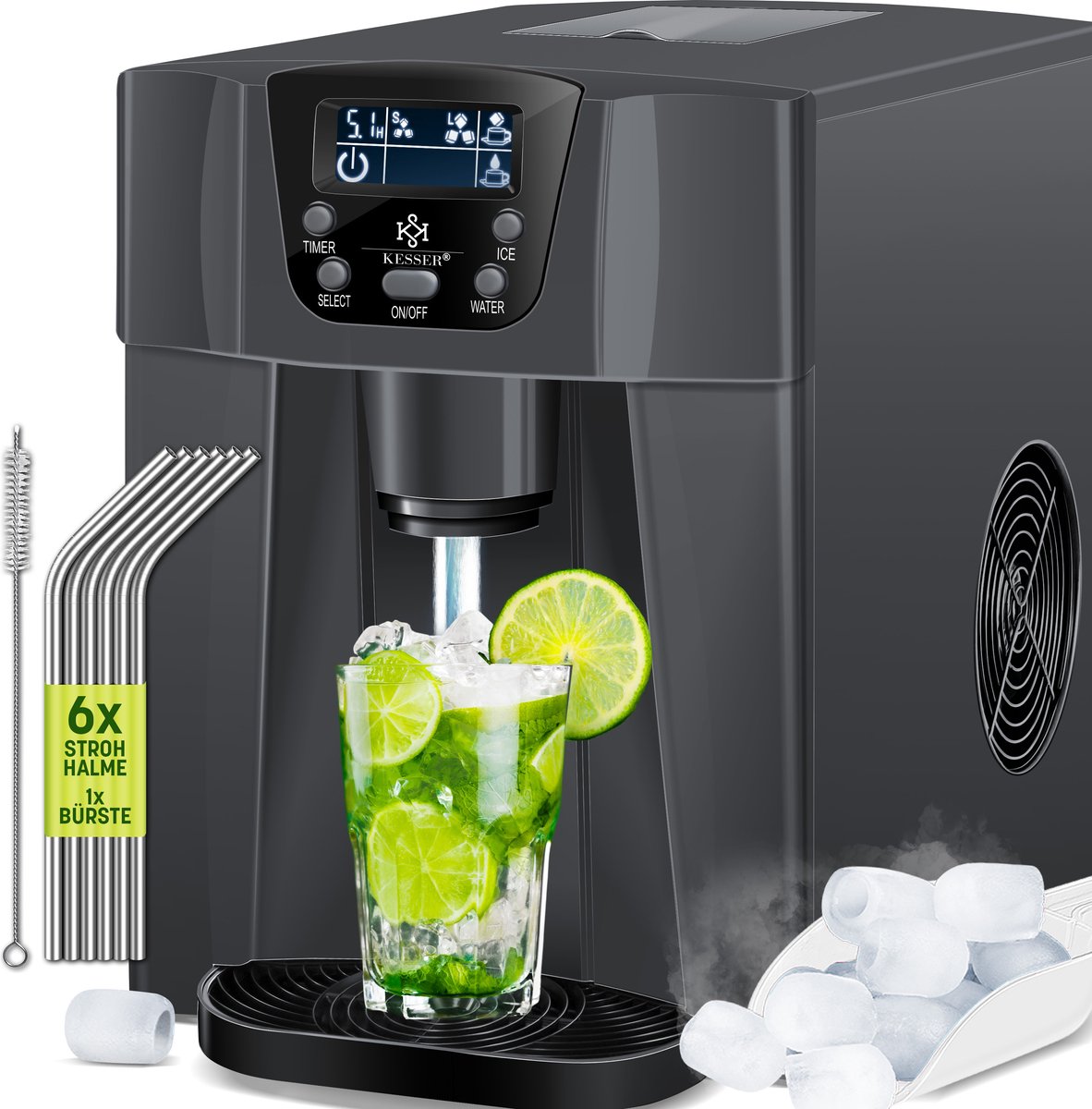 IJsblokjesmachine – 12kg/24 uur – IJsmachine - IJsblokjesmaker - Antraciet - KESSER® •