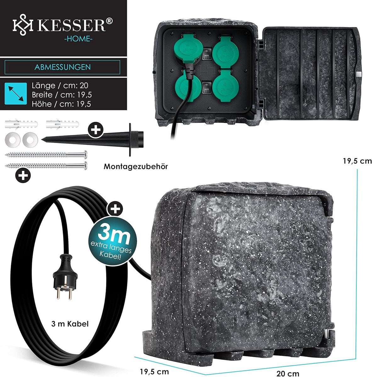 KESSER® Tuinstopcontact - 4 stopcontacten - IP44 waterdicht - Antraciet