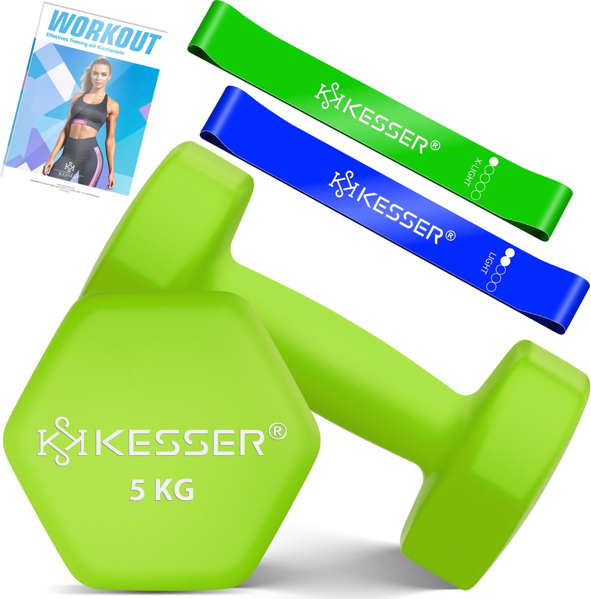 KESSER® Dumbells Set 2 Paren | Gewichten Set | verstelbare Dumbell Geschikt voor Krachttraining | Halterset met oefeningenboekje, 2x fitnessbanden, 2 x 5 kg - Lichtgroen