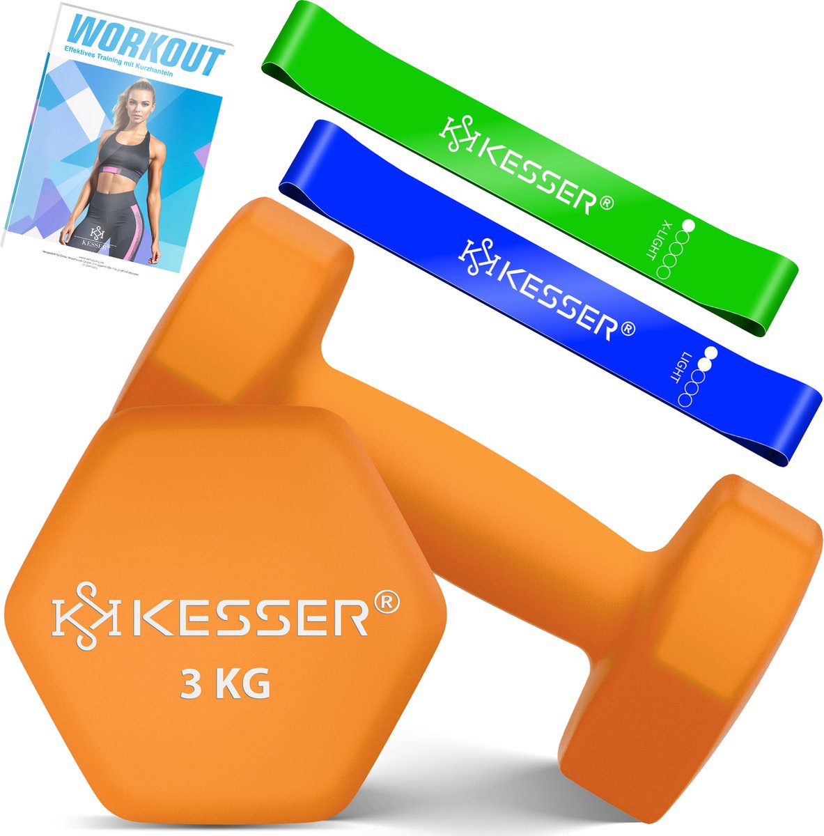 KESSER® Dumbells Set 2 Paren | Gewichten Set | verstelbare Dumbell Geschikt voor Krachttraining | Halterset met oefeningenboekje, 2x fitnessbanden, 2 x 3 kg - Oranje