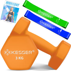 KESSER® Dumbells Set 2 Paren | Gewichten Set | verstelbare Dumbell Geschikt voor Krachttraining | Halterset met oefeningenboekje, 2x fitnessbanden, 2 x 3 kg - Oranje