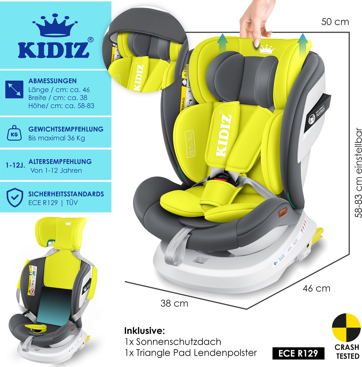 KIDIZ® Autostoeltje / Babyautostoeltje Isofix Top Tether 360° draaibaar Groep 0/1/2/3 vanaf de geboorte 0-36kg Met zonnekap Zijbescherming 5-puntsgordel Hoofdsteun Verstelling ECE R 129/03 - Grijs