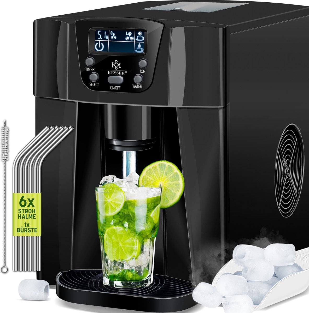 IJsblokjesmachine – 12kg/24 uur – IJsmachine - IJsblokjesmaker - Zwart - KESSER® •