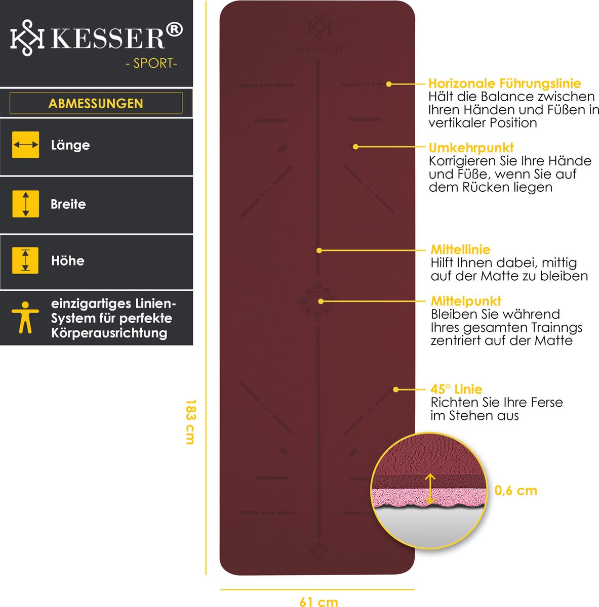 KESSER® Yoga Mat Extra Dik - 183x61cm - Antislip- Bordeaux