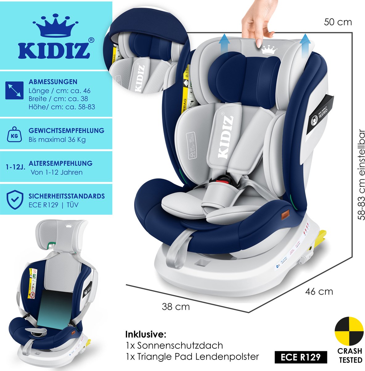 KIDIZ® Autostoeltje Isofix - 360° draaibaar - Blauw
