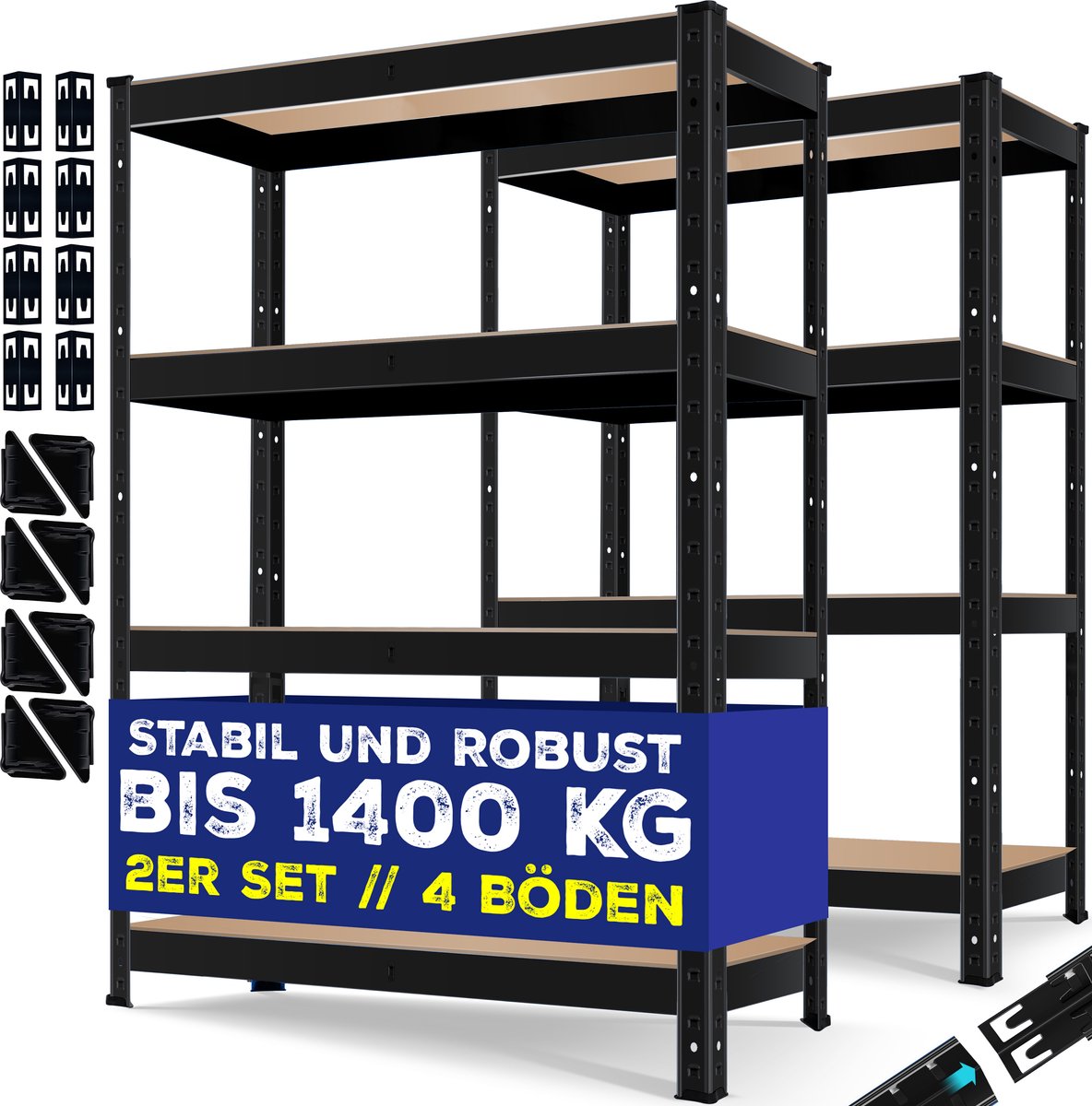 MASKO® Opbergrek / Stellingkasten / Magazijnstelling set van 2 Opbergrekken voor zwaar gebruik, kelderrekken, belastbaar tot 875 kg, 5 verstelbare legborden, MDF-panelen Opbergrekken van metaal - 2x Zwart, 700kg, 2x 160x80x40 cm, 4 schappen •