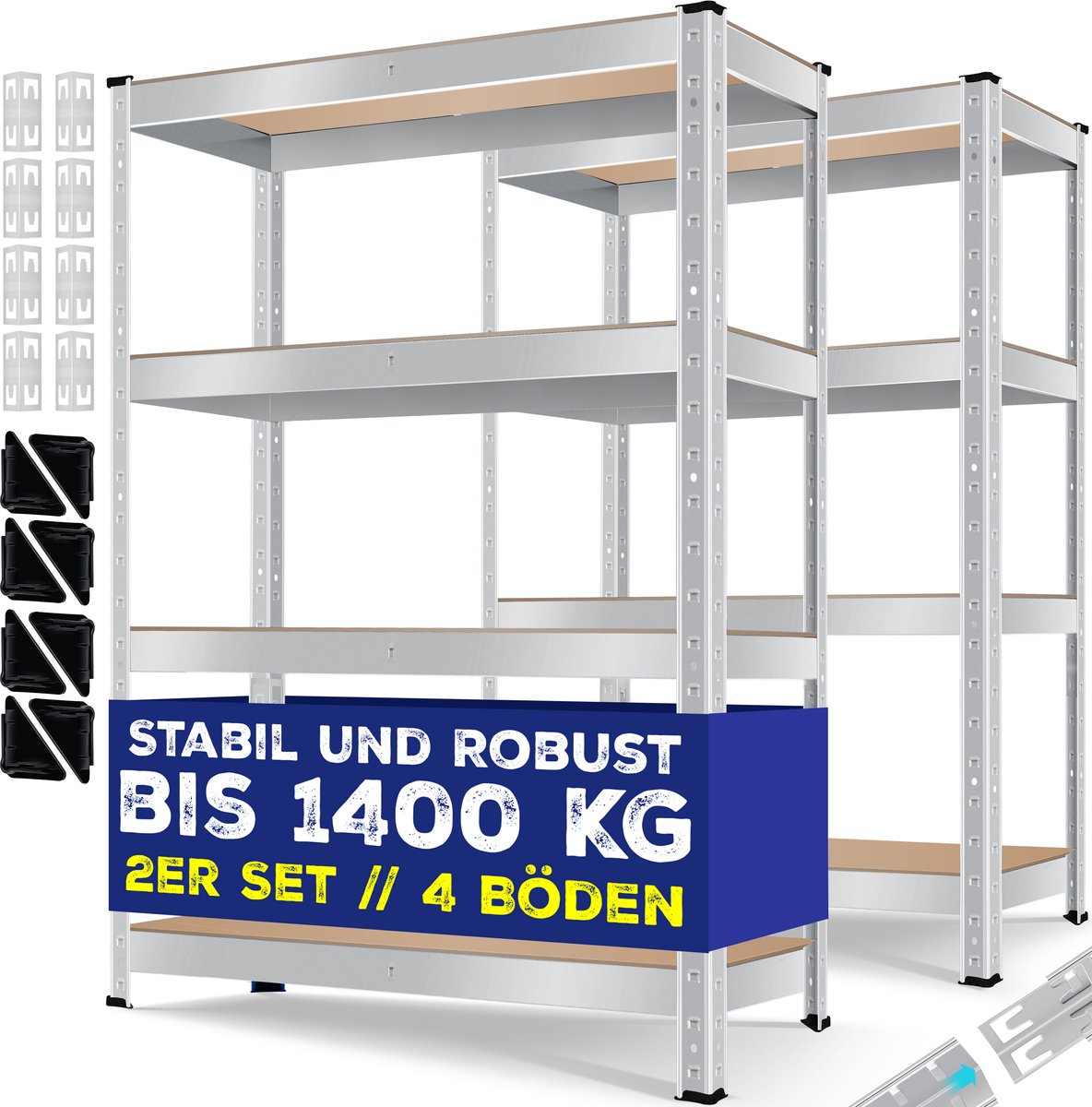 MASKO® Opbergrek - Stellingkasten - Set van 2 - Tot 1400kg - Zilver •