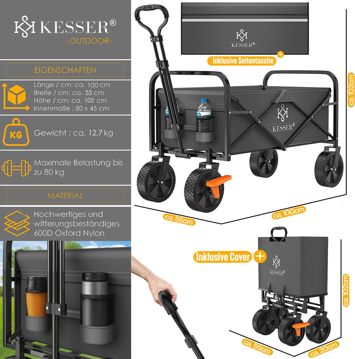 KESSER® Bolderkar - Opvouwbaar - Bolderwagen - Antraciet