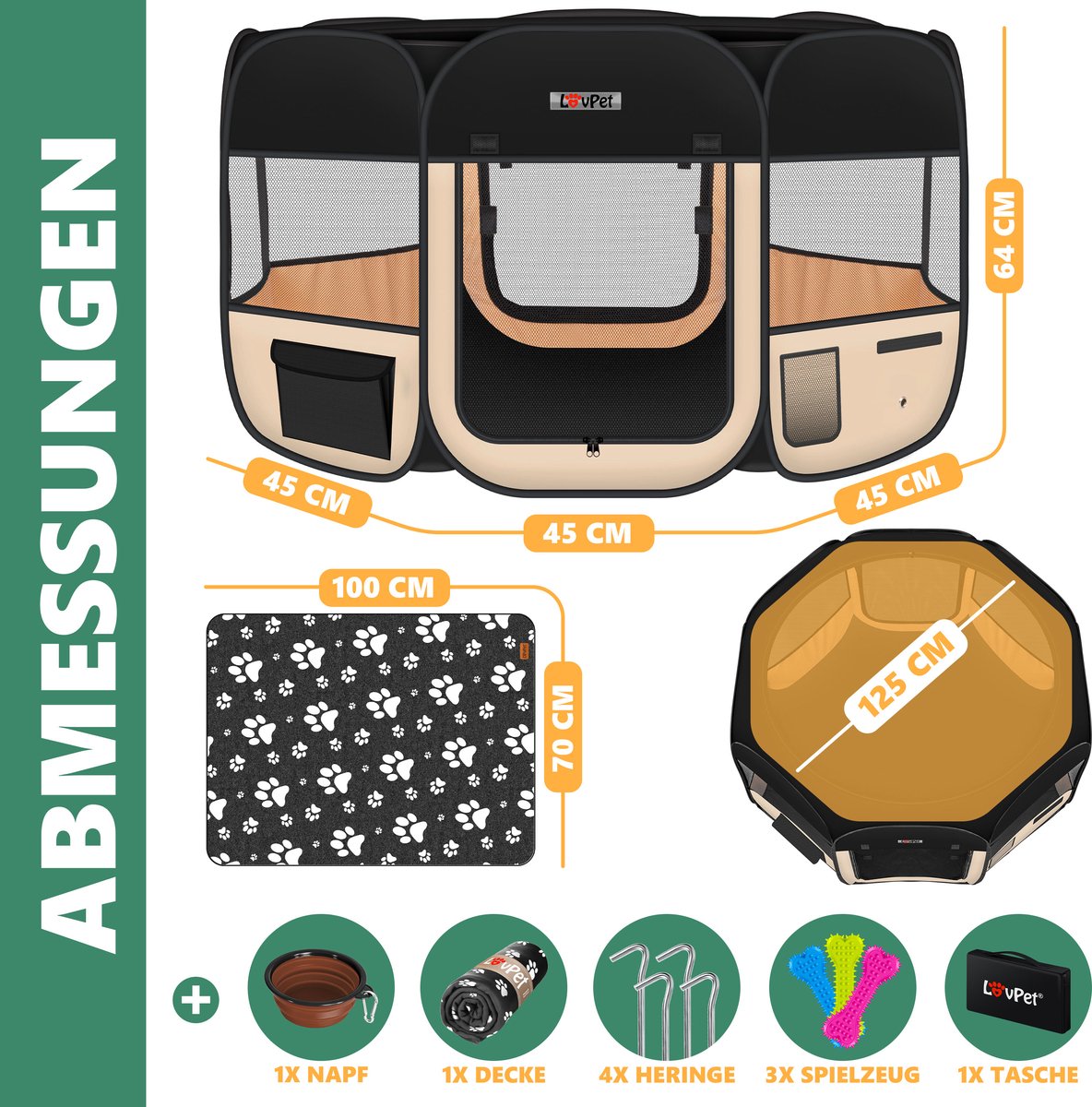 LOVPET® Puppyren voor Kleine Dieren Honden Katten - Opvouwbaar Hondenren inclusief kom en Haringen - Puppy Ren Pop-up Systeem Indoor & Outdoor Konijnenren - Beige