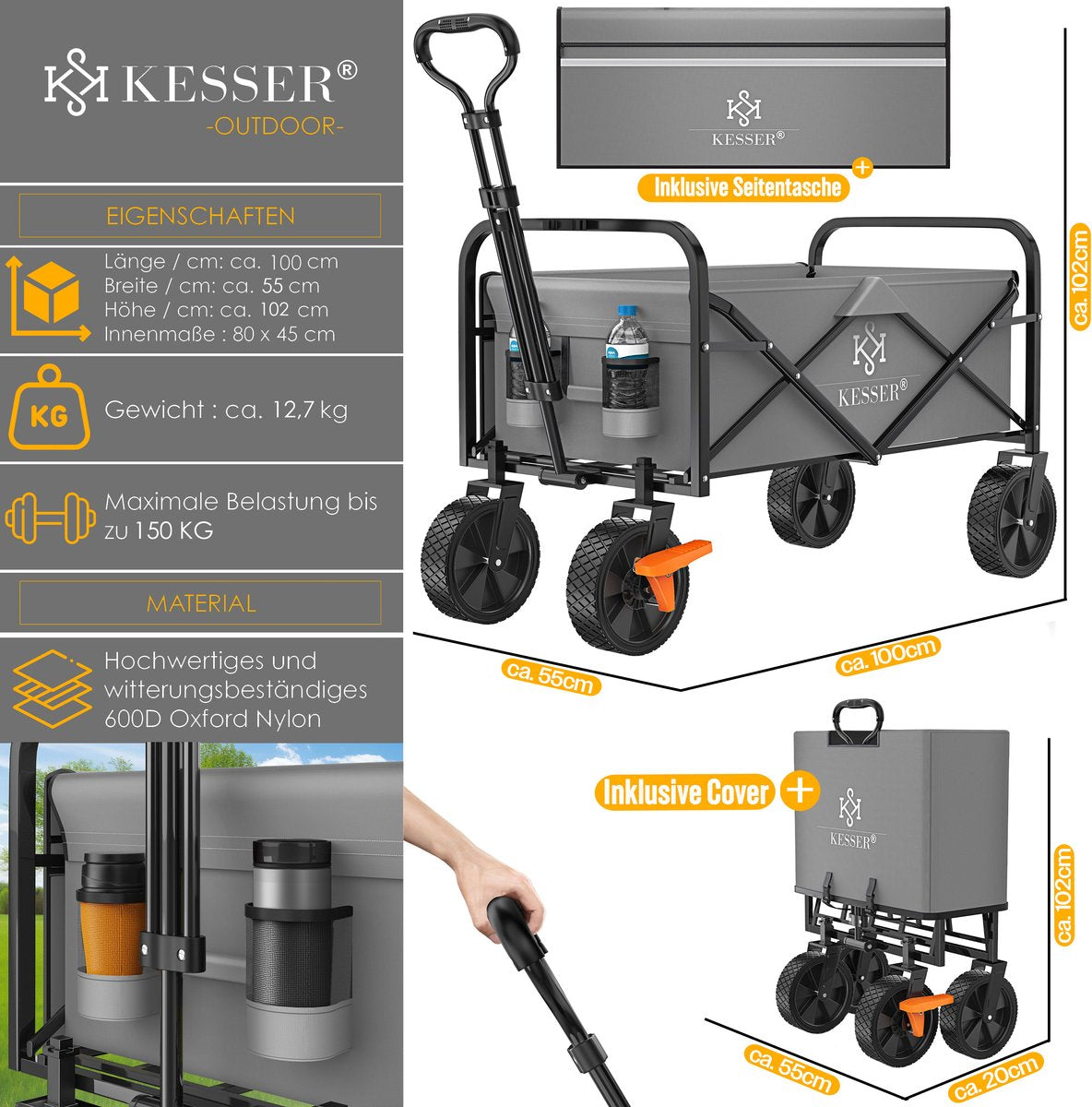 KESSER® Bolderkar - Opvouwbaar - Bolderwagen - Grijs