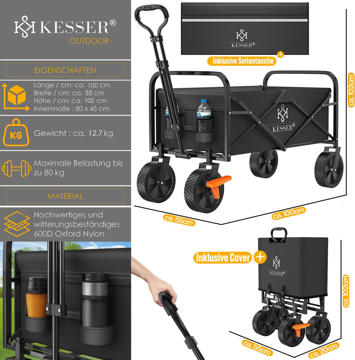 KESSER® Bolderkar - Opvouwbaar - Bolderwagen  - Zwart