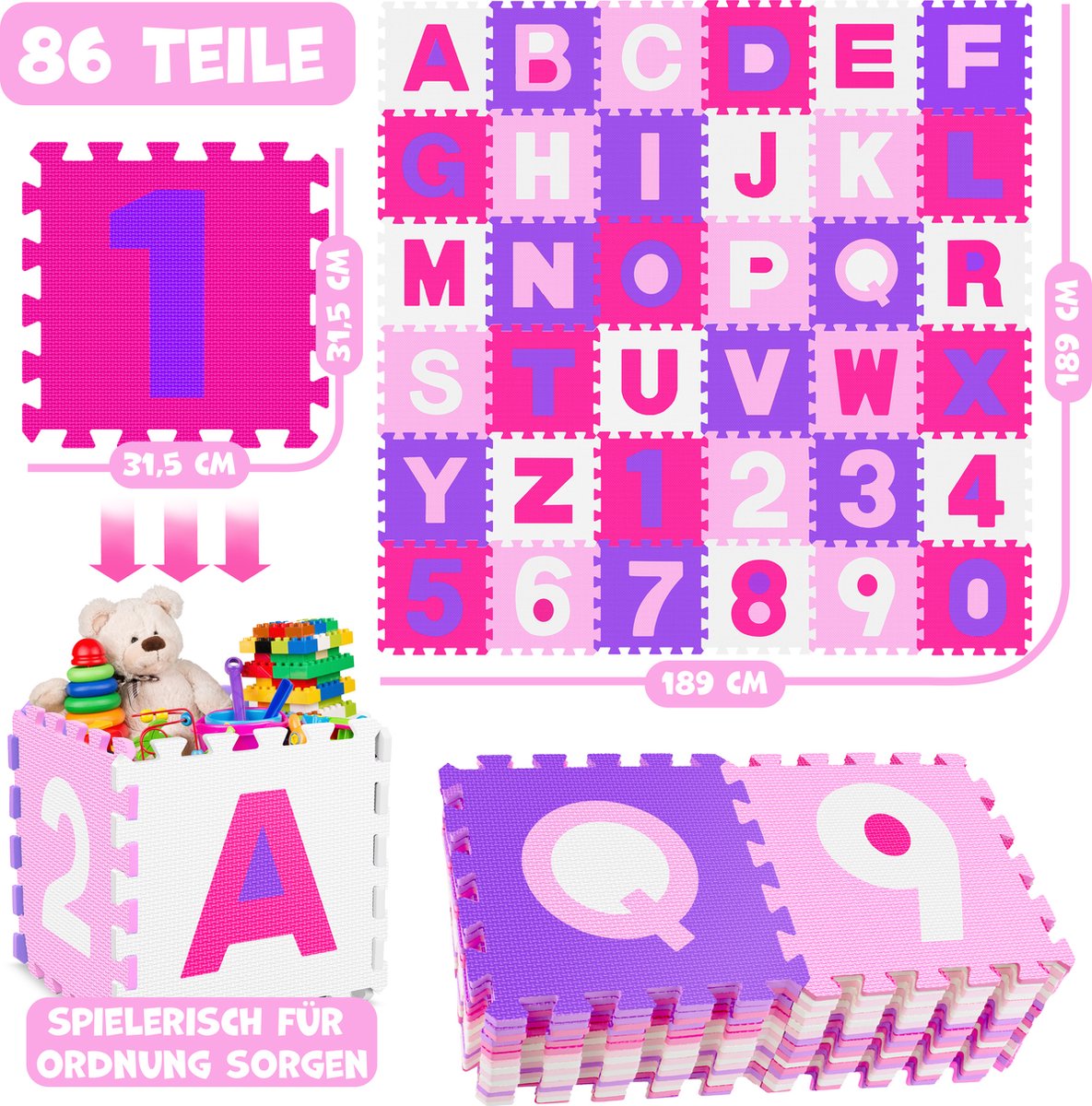 KIDIZ® 86-Delige Puzzelmat Speeltapijt Schuimmat Kindertapijt, Puzzel Cijfers en Letters Beschermende Mat - Roze