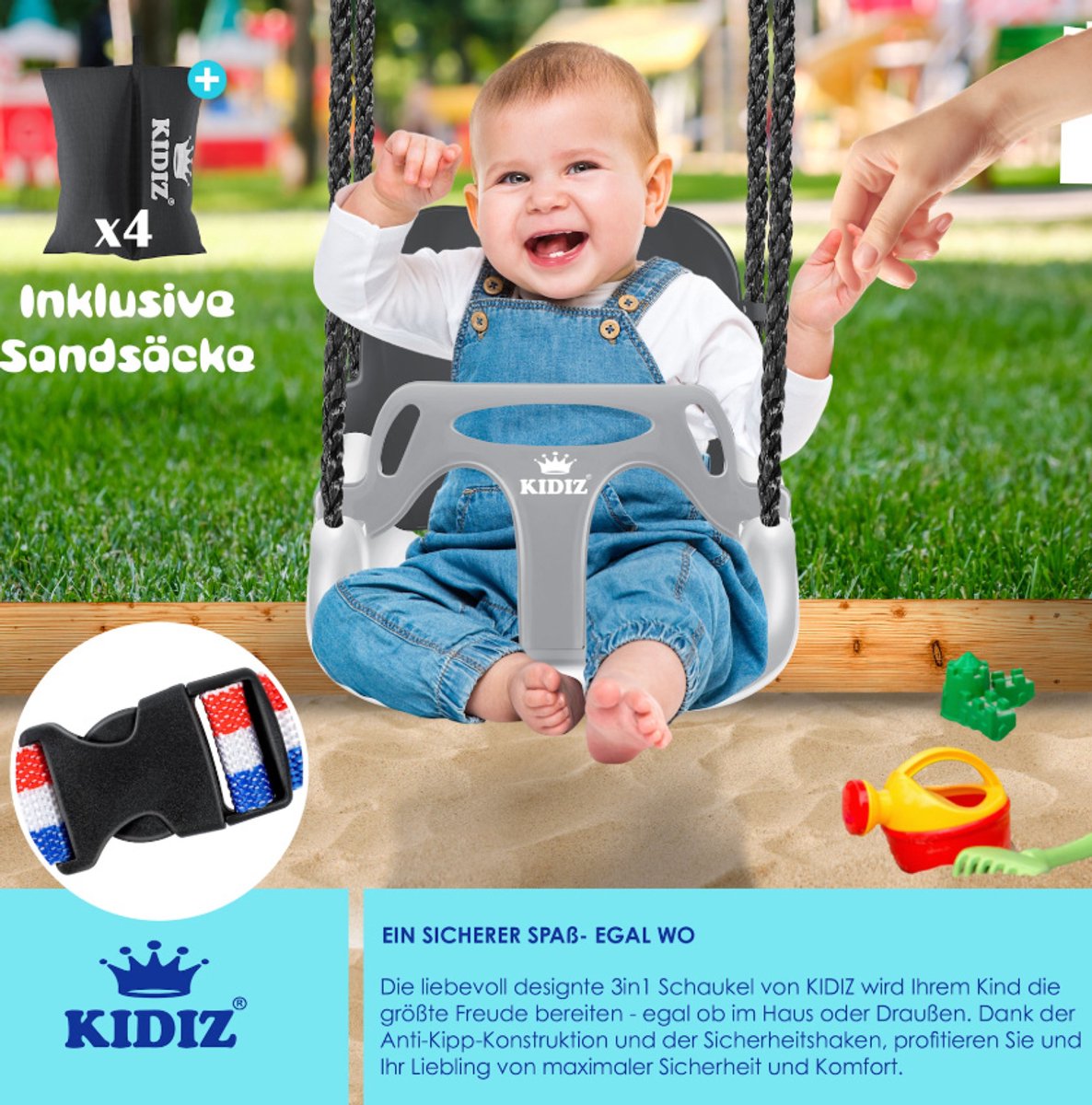 KIDIZ® Baby Schommel - Binnen & buiten - Kinderschommel - Verstelbaar - Grijs