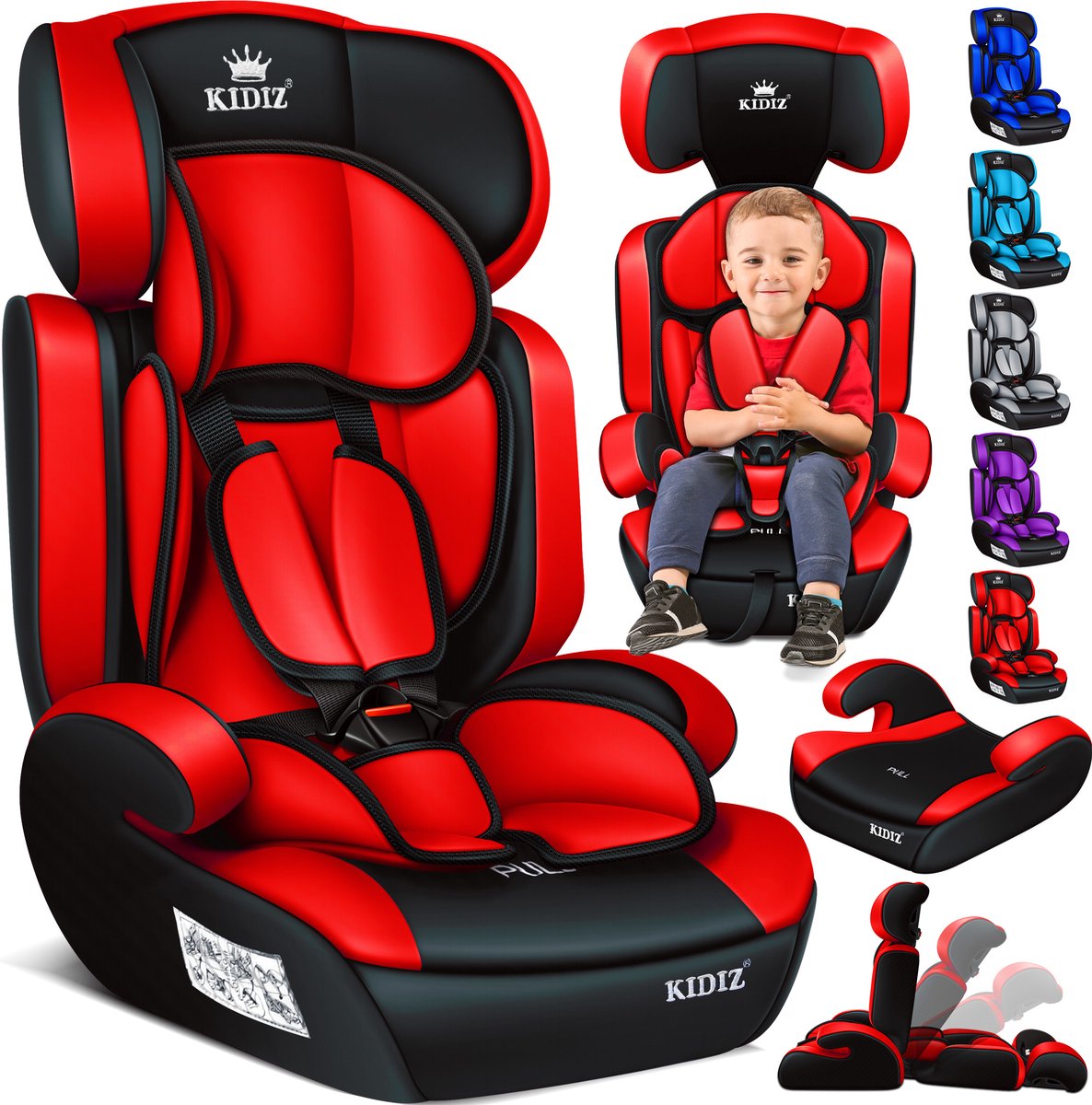 KIDIZ® Autostoeltje Groep 1+2+3  9-36 kg 5-punts veiligheidsgordel, Autostoeltje, Kinderzitje, Verstelbare Hoofdsteun | Stoelverhoger 1-12 jaar, Stabiel en Veilig - Rood