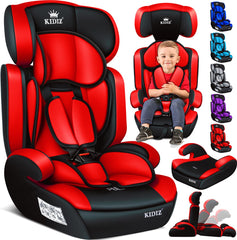 KIDIZ® Autostoeltje Groep 1+2+3  9-36 kg 5-punts veiligheidsgordel, Autostoeltje, Kinderzitje, Verstelbare Hoofdsteun | Stoelverhoger 1-12 jaar, Stabiel en Veilig - Rood
