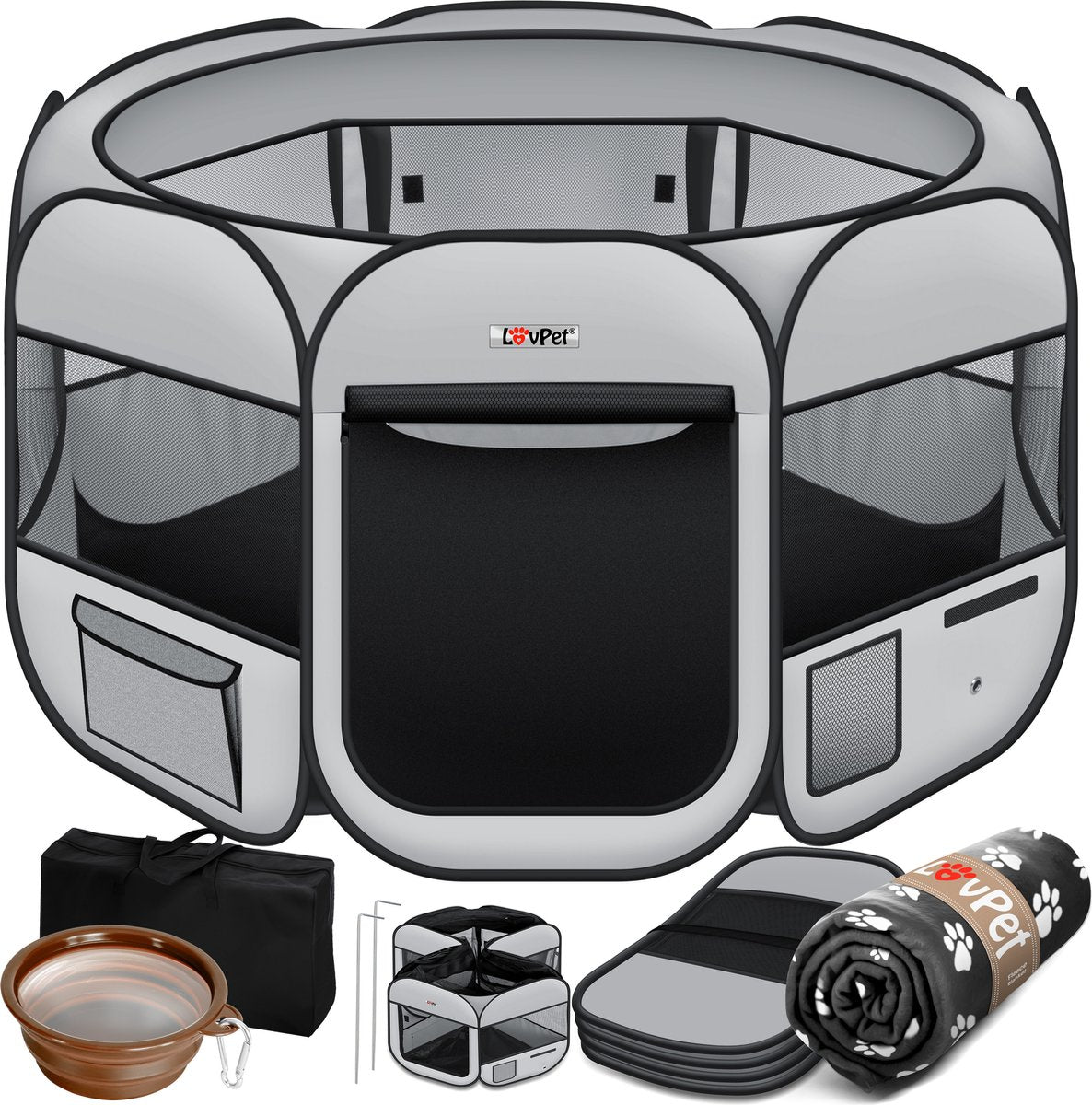 LOVPET® Puppyren voor Kleine Dieren Honden Katten - Opvouwbaar Hondenren inclusief kom en Haringen - Puppy Ren Pop-up Systeem Indoor & Outdoor Konijnenren - Lichtgrijs