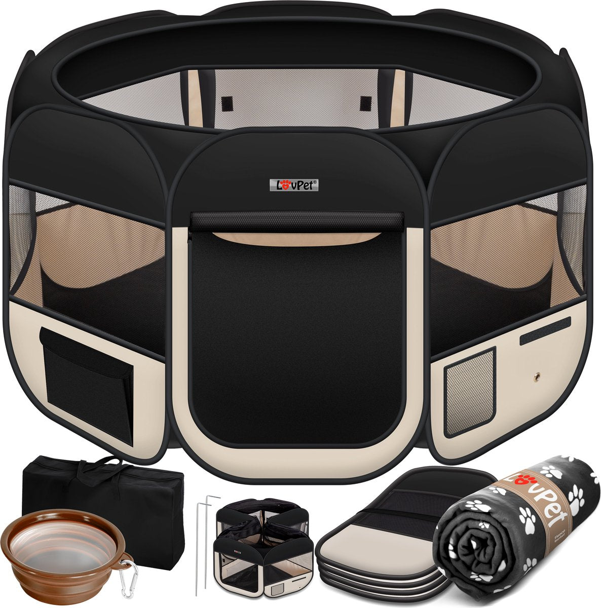 LOVPET® Puppyren voor Kleine Dieren Honden Katten - Opvouwbaar Hondenren inclusief kom en Haringen - Puppy Ren Pop-up Systeem Indoor & Outdoor Konijnenren - Beige