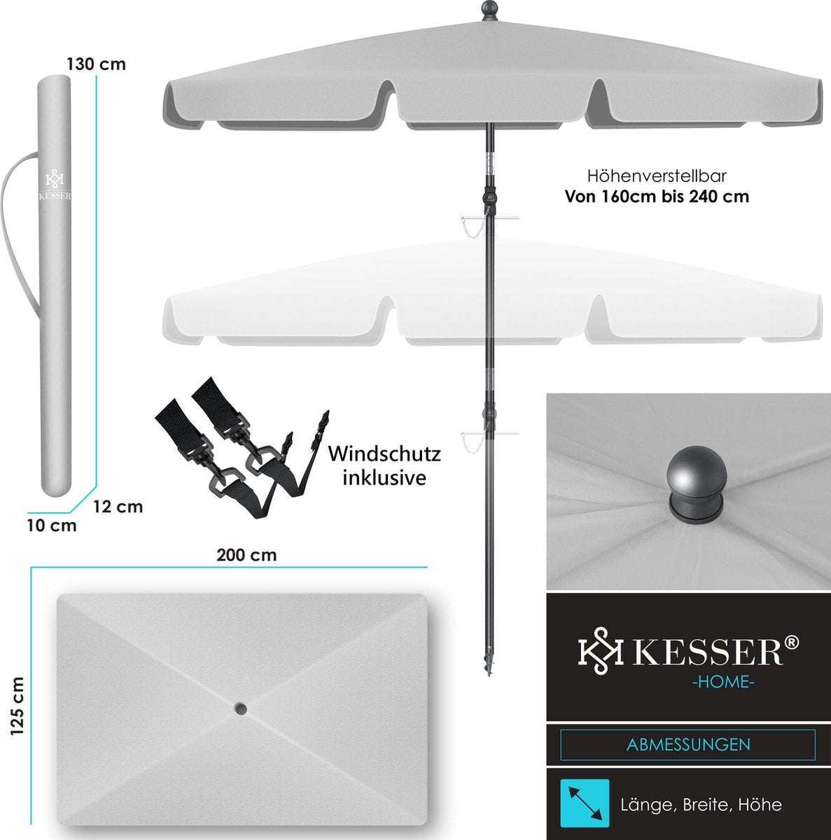 KESSER® Stokparasol Inclusief Beschermhoes & Draagtas 200 × 125cm - Parasol voor Balkon, Tuin & Terras Tuinparasol Strandparasol - Lichtgrijs