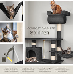 tectake® - Krabpaal voor Katten met kattenhangmat - Inclusief hangmat, grot, trap, buis en speelkoord - Grote krabpaal met sisal en pluche - Krabmeubel - Hoogte 141cm - Zwart •