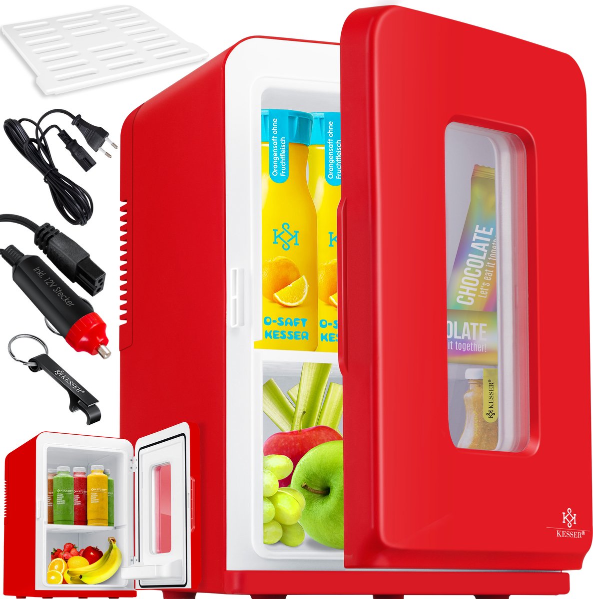 KESSER® Tafelmodel Koelkast 15 Liter AC DC 220-240V en 12V - Mini Koelkast Vrijstaand met Verwarmingsfunctie - Koelbox ideaal voor Auto en camperen - Rood