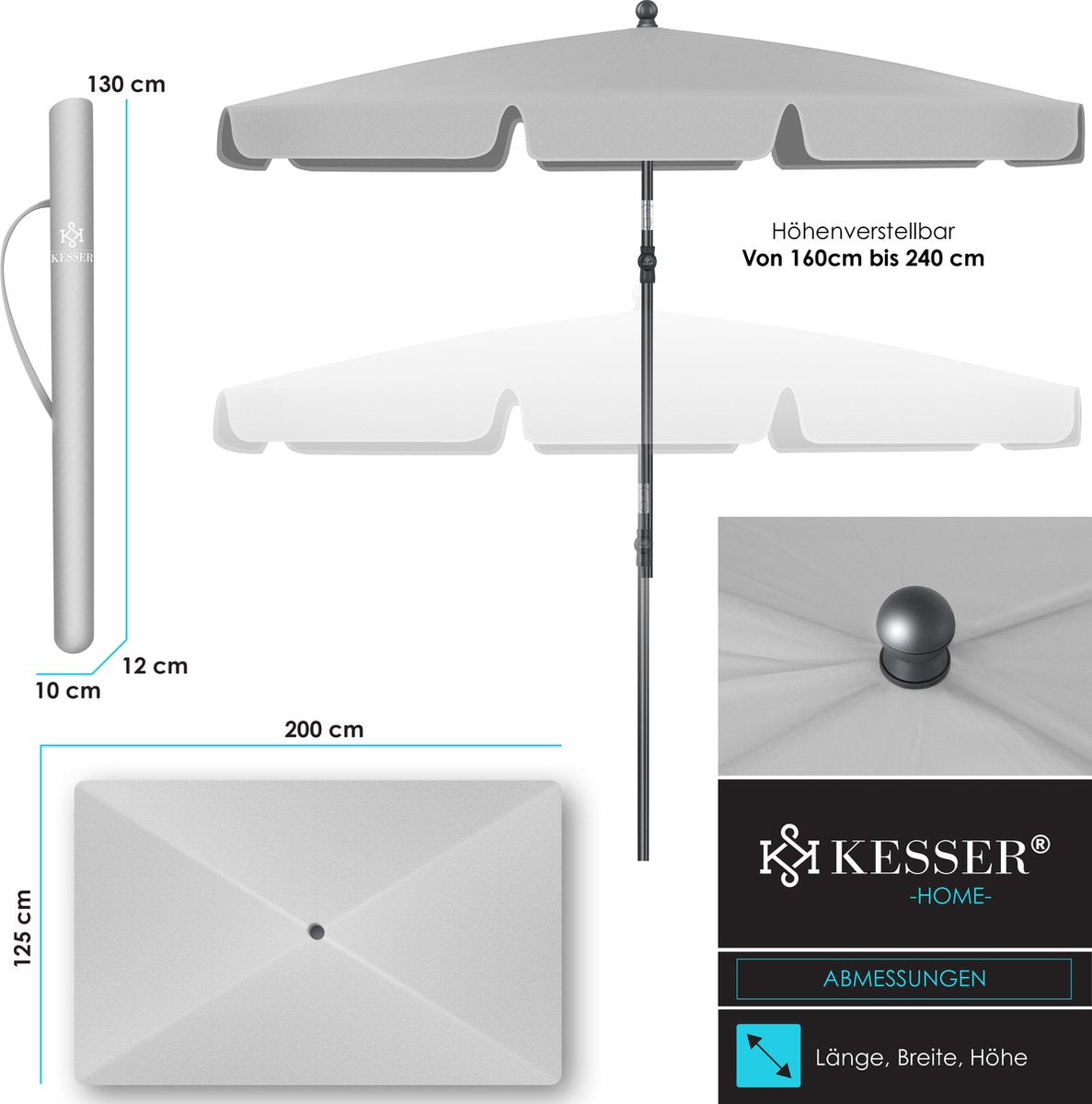 KESSER® Stokparasol Inclusief Beschermhoes & Draagtas 200 × 125cm - Parasol voor Balkon, Tuin & Terras Tuinparasol Strandparasol - Lichtgrijs