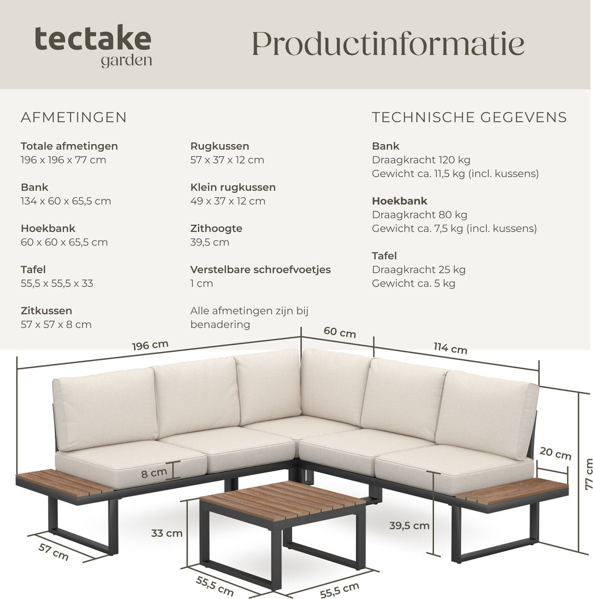 tectake® Tuinset Eilar - 4-Delige Loungeset - Weerbestendige Hoekbank met Aluminium Frame en Houtlook Zijtafeltjes - Tuintafel - Verstelbare Rugleuning - Te Gebruiken als Ligbed - Tuinmeubelset met Kussens - Ideaal voor tuin, balkon en terras