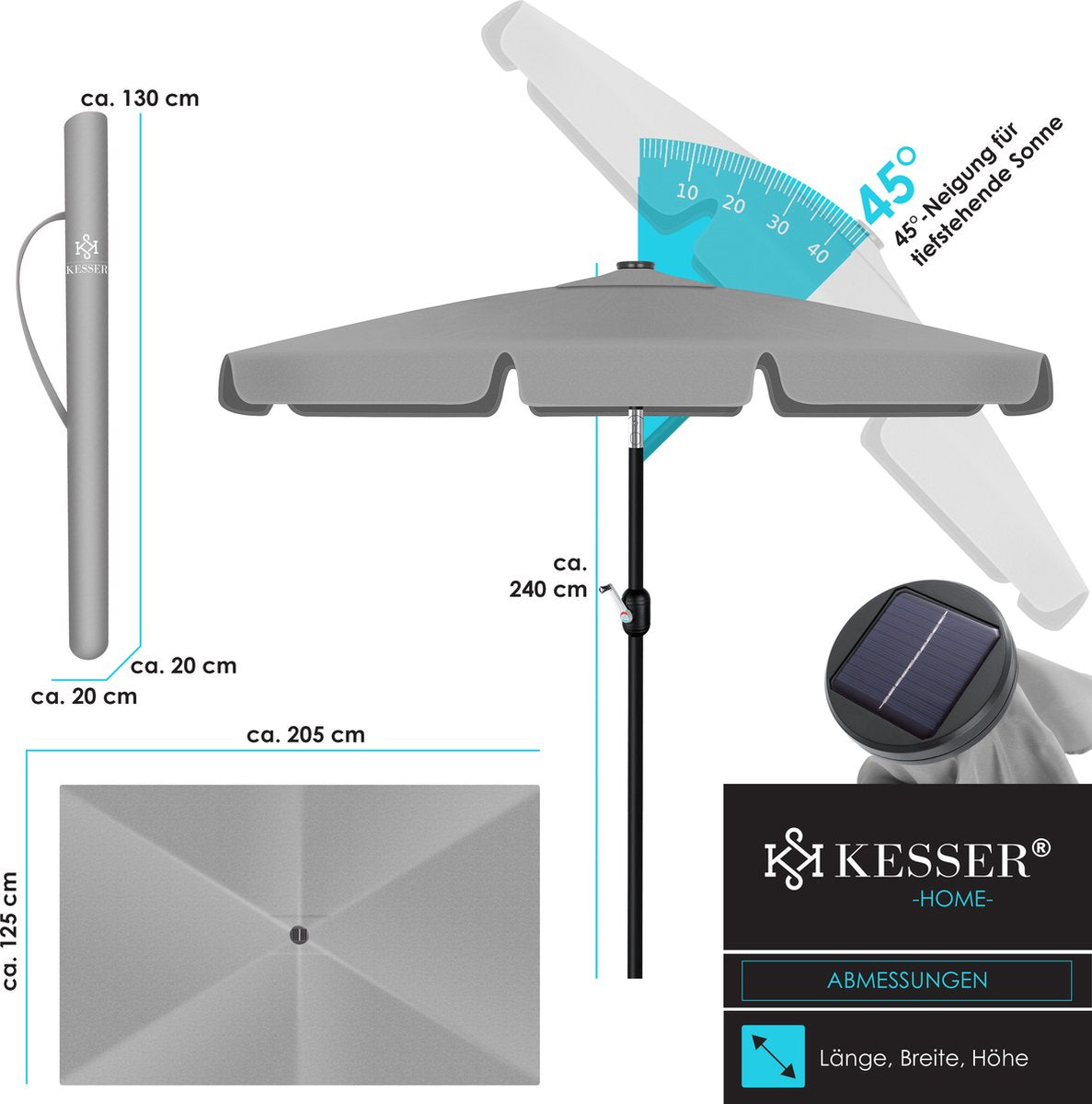 KESSER® Parasol LED Solar Stokparasol met Zwengel Incl. 2in1 Beschermhoes Transporttas, Tuinparasol, Parasol voor Balkon Tuin & Terras Verstelbaar Buigbaar Balkonparasol - Hoekig, Lichtgrijs