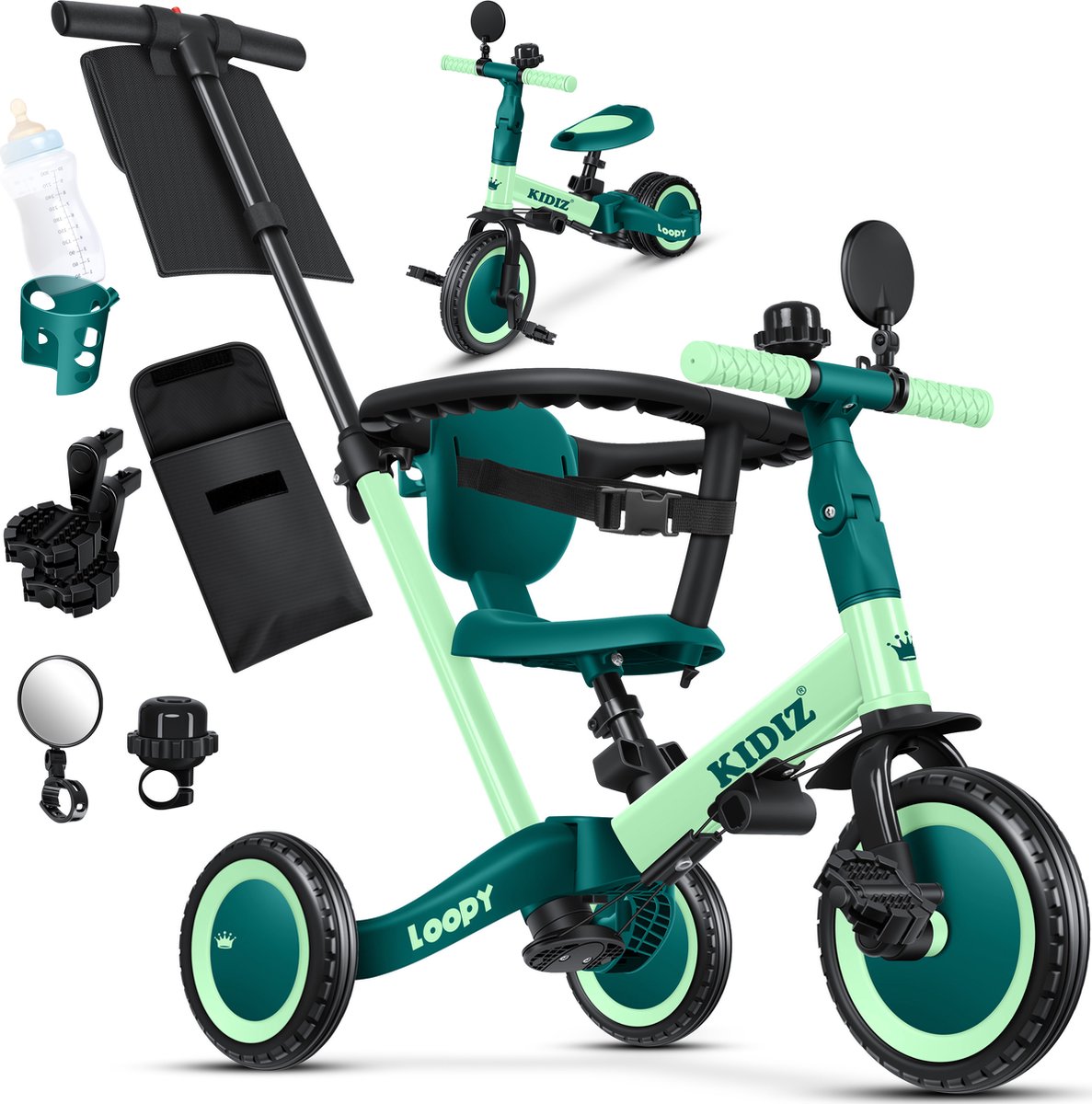 KIDIZ® Loopfiets 6in1 voor Jongens en Meisjes van 1 tot 5 jaar - Driewieler voor Kinderen tot 25 kg Kinderfiets - Groen