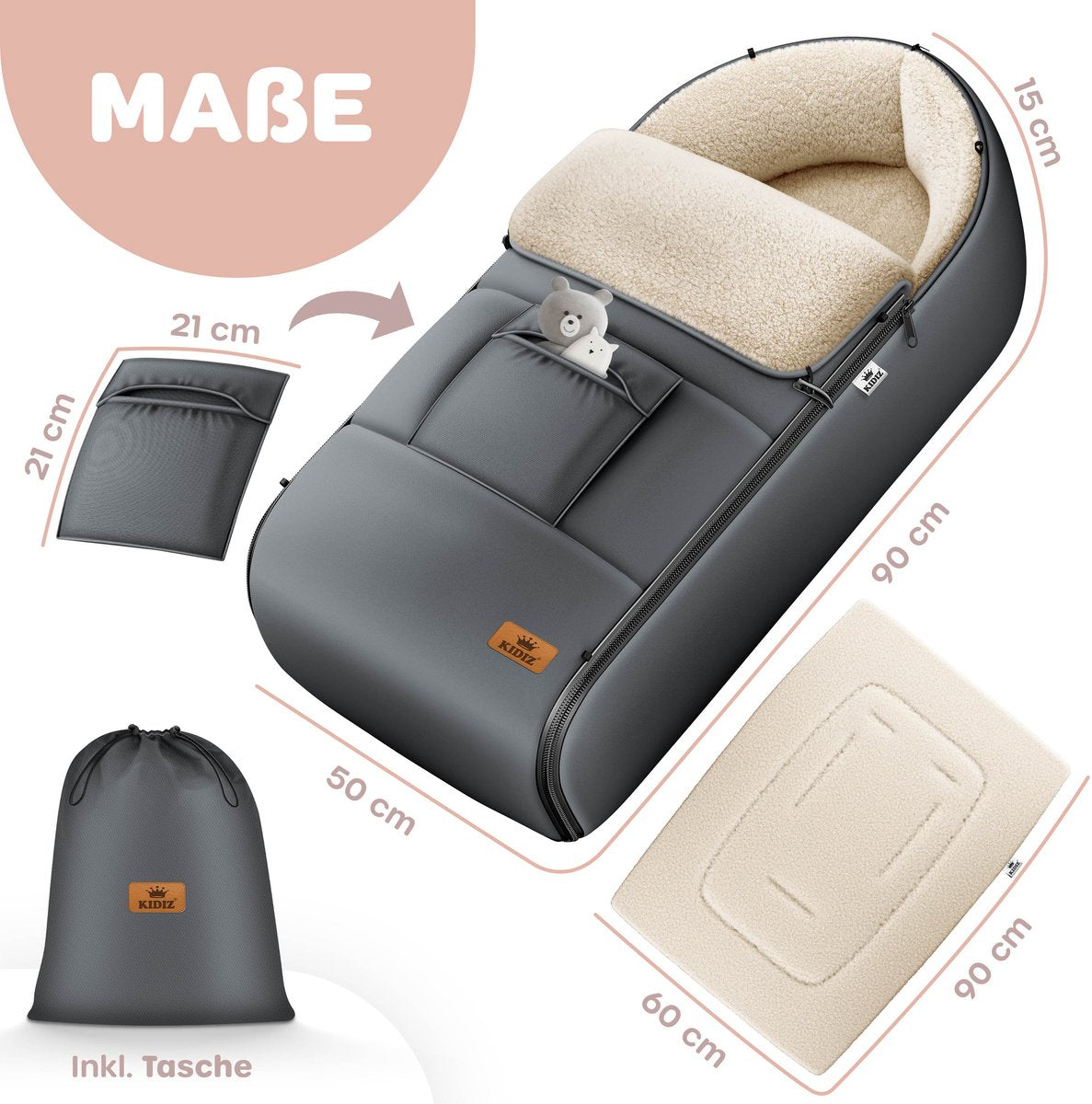 KIDIZ® Voetenzak voor Autostoeltje en Buggy met Ritssluiting - Baby Slaapzak Deken voor Maxi-Cosi & Wandelwagen / Kinderwagen - Antraciet •