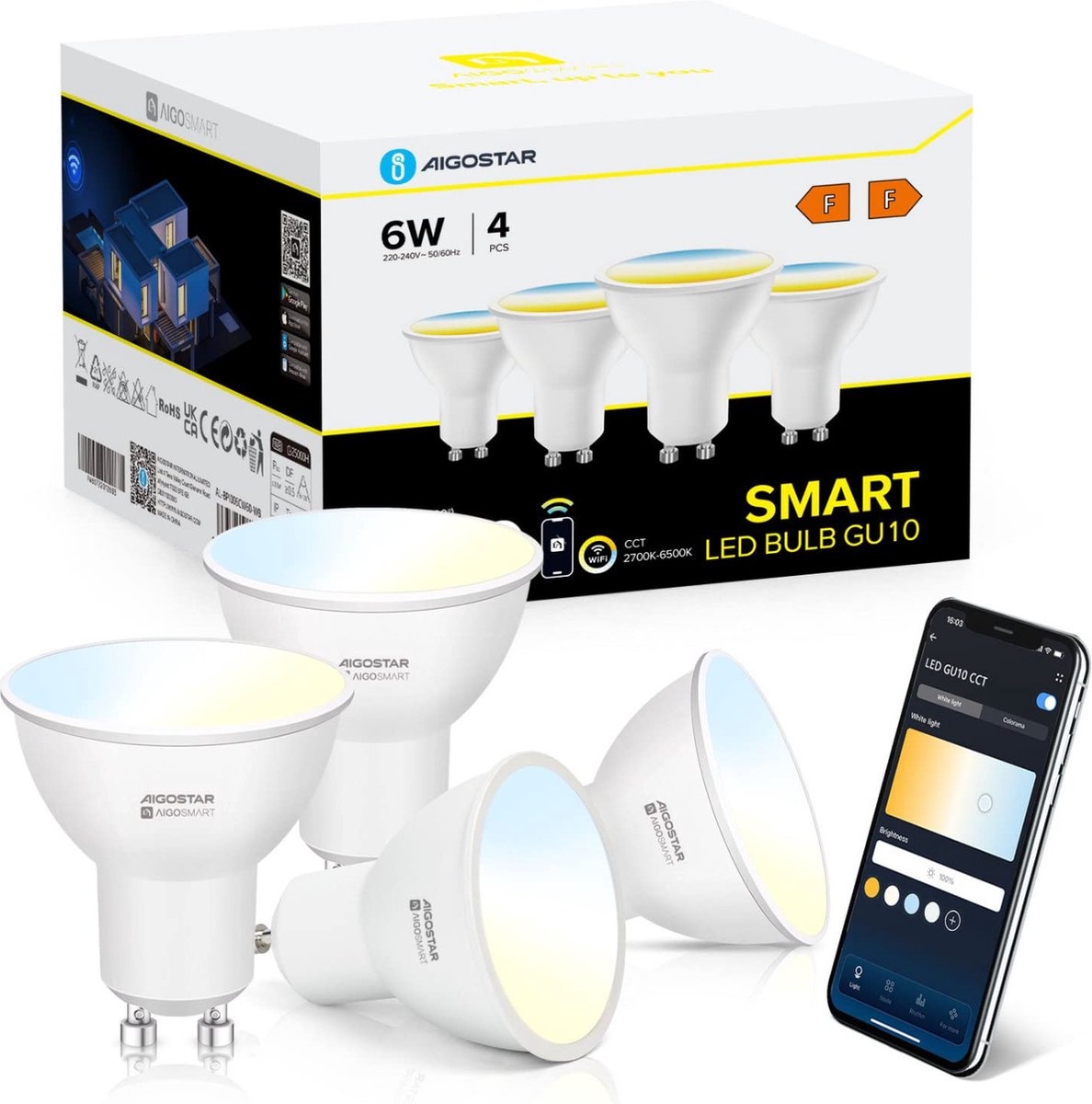 GU10 LED lamp - Dimbaar - Smart lamp - 6,5W - 4 stuks - Aigostar