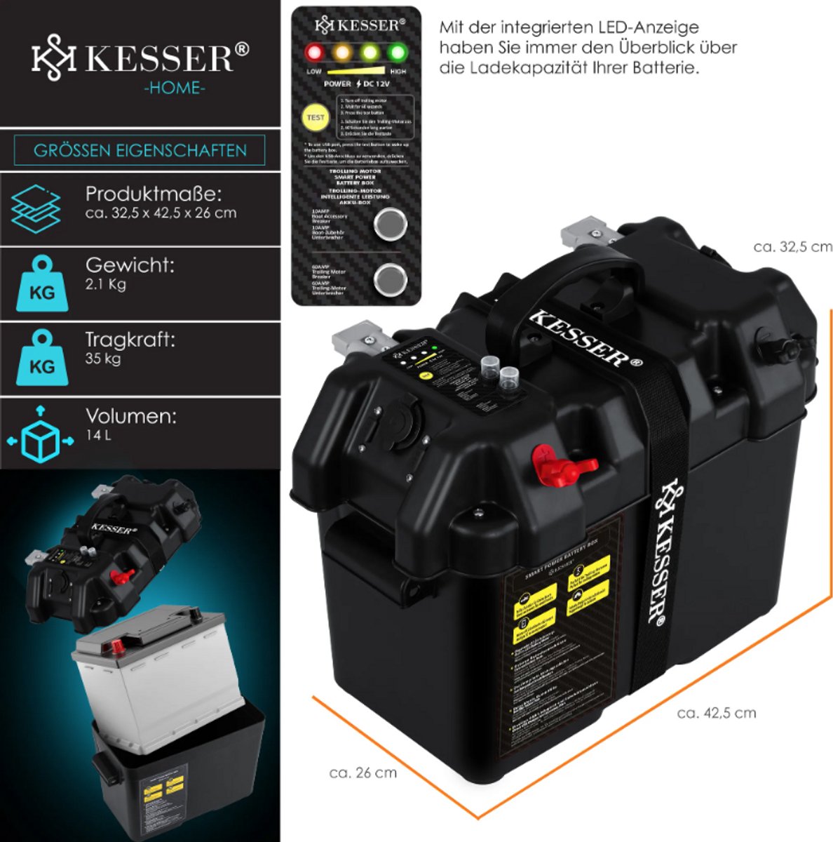 KESSER® Accubox voor bootmotor - Elektromotor - Zwart