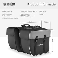 tectake® Fietstassen met reflectorstrepen - Bagagedragertas voor fiets of e-bike, 35 L - Waterafstotend PVC - dubbele tas met reflecterende strips en draaggreep - Zwart/grijs