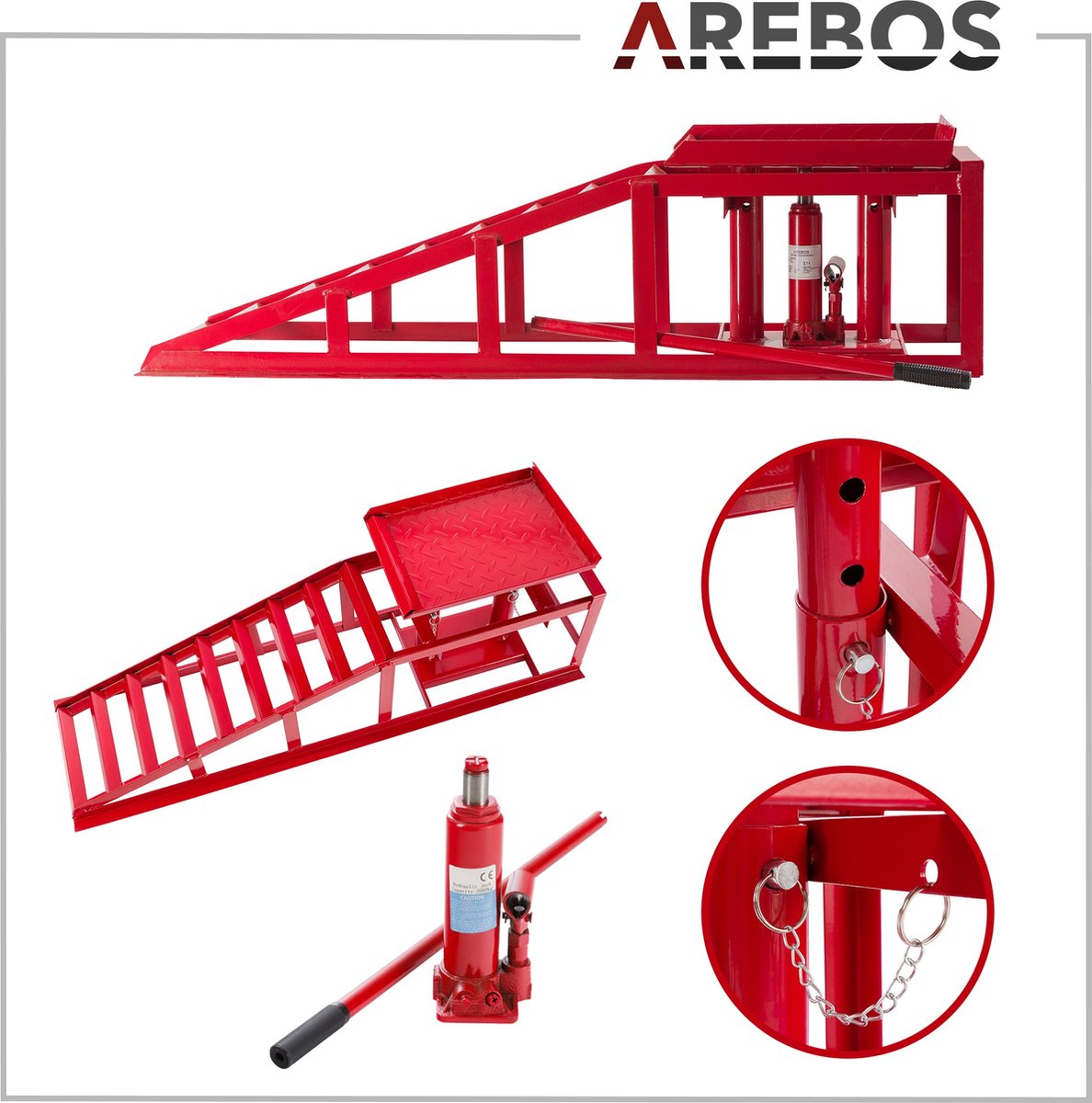 AREBOS Oprijbokken Auto 2000 kg - Oprijbok - Oprijplaat Auto - Oprijplaat Ramp - Oprijplaat - Oprijbrug Auto - Met Hydraulische Krik