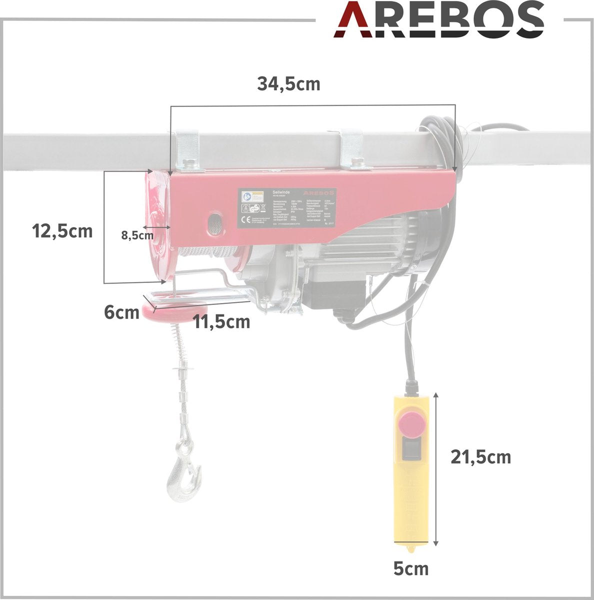 AREBOS Elektrische Takel Hefapparaat Hijskraan Elektrische Lier 200kg 500W