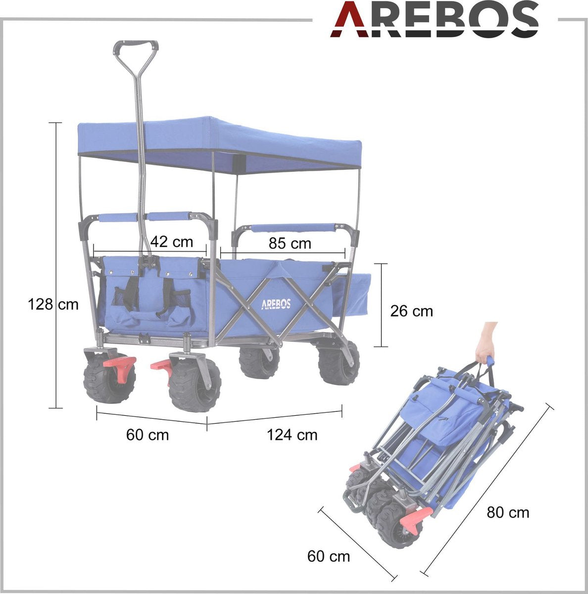 AREBOS Standaard Bolderkar Opvouwbare - Bolderkar Luchtbanden - met Dak - Strandkar - Blauw
