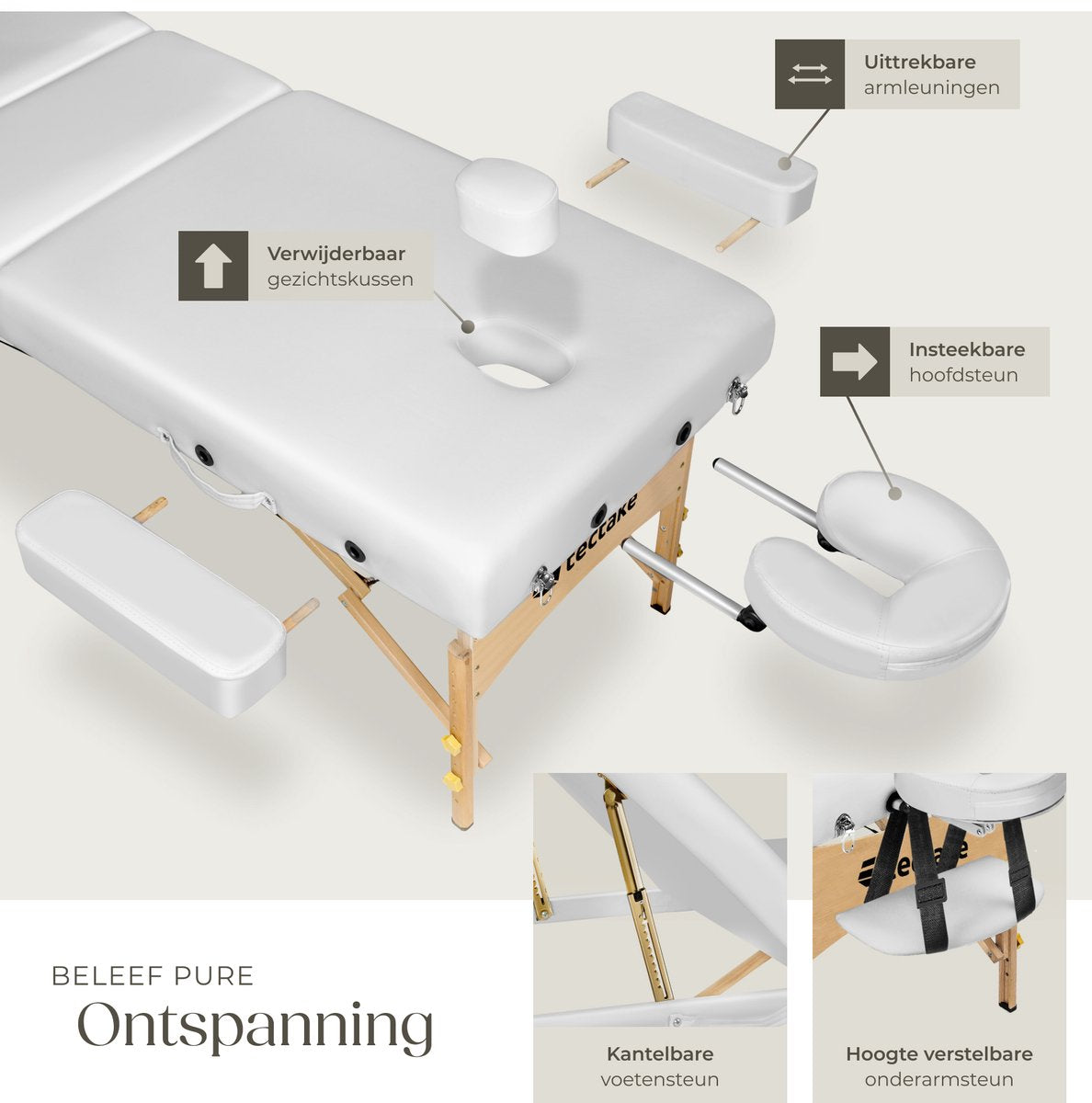 tectake® 3-zone massagetafel - Draagvermogen 250 kg - Mobiele massagebank - Houten frame - Behandeltafel - Inclusief draagtas, hoofdsteun en armleuning - Dikte matras 7,5 cm - In hoogte verstelbaar - Afmeting (LxBxH) 218x102x65 - 90 cm - Wit