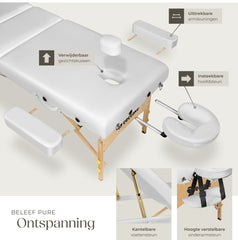 tectake® 3-zone massagetafel - Draagvermogen 250 kg - Mobiele massagebank - Houten frame - Behandeltafel - Inclusief draagtas, hoofdsteun en armleuning - Dikte matras 7,5 cm - In hoogte verstelbaar - Afmeting (LxBxH) 218x102x65 - 90 cm - Wit