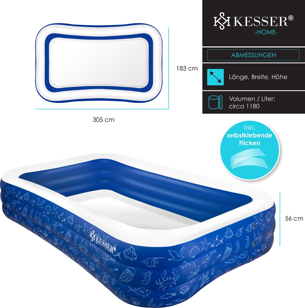 KESSER® Opblaasbaar zwembad - 305x183x56cm - 1180L - Blauw