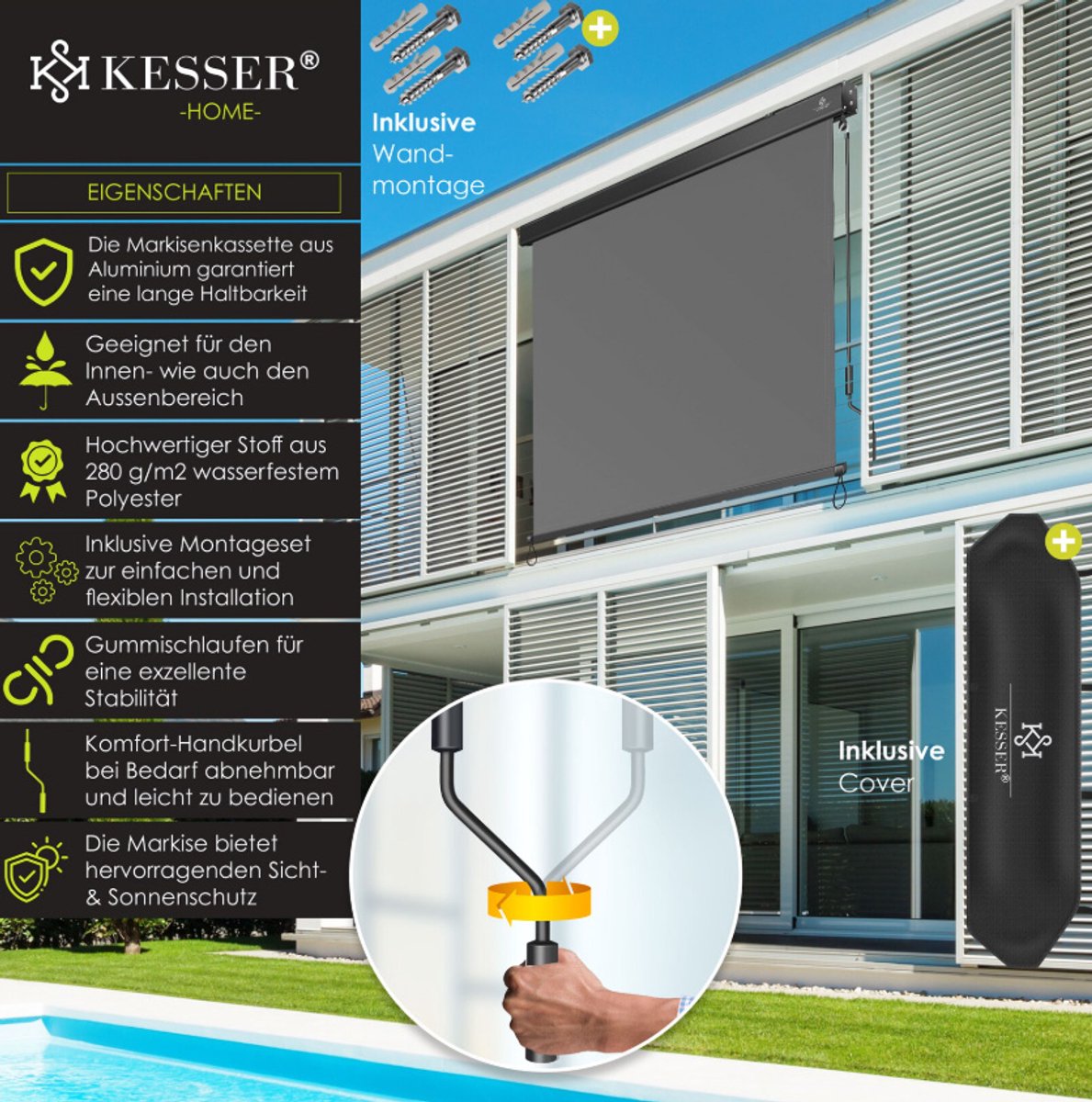 Verticale zonwering / zonnescherm balkon 180×250 cm – binnen / buiten – antraciet / donkergrijs