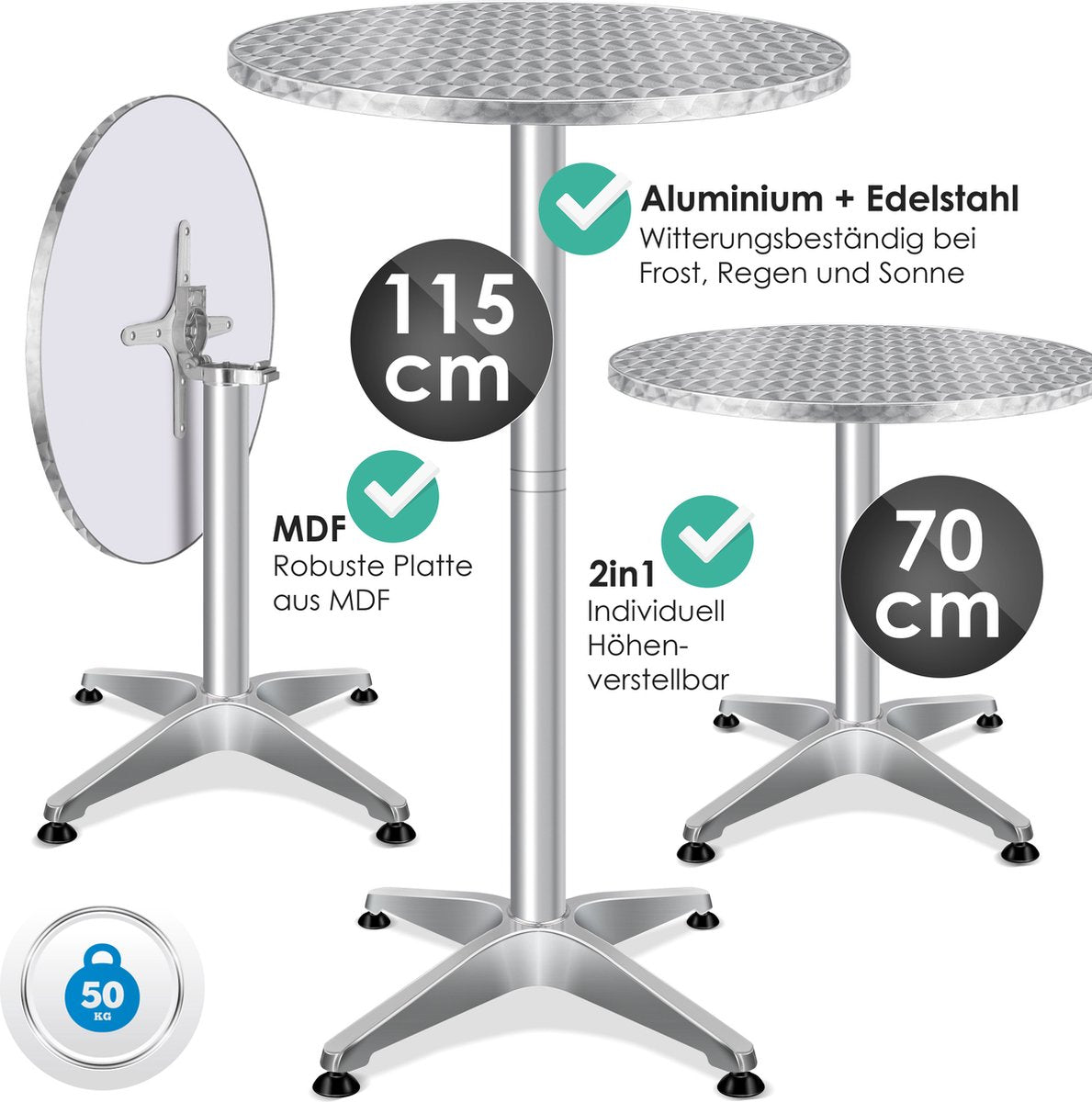 KESSER® Bartafel - Bistrotafel - Verstelbaar - 70-110cm - Zilver •