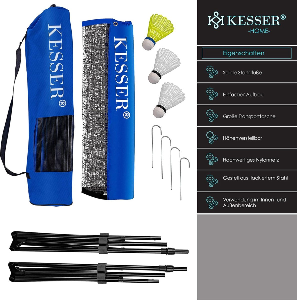 KESSER® badmintonnet, tennisnet - 500 cm - Badmintonnet 3-voudig in hoogte verstelbaar, set bestaande uit net, 3x shuttles, stevig ijzeren frame, transporttas, binnen & buiten