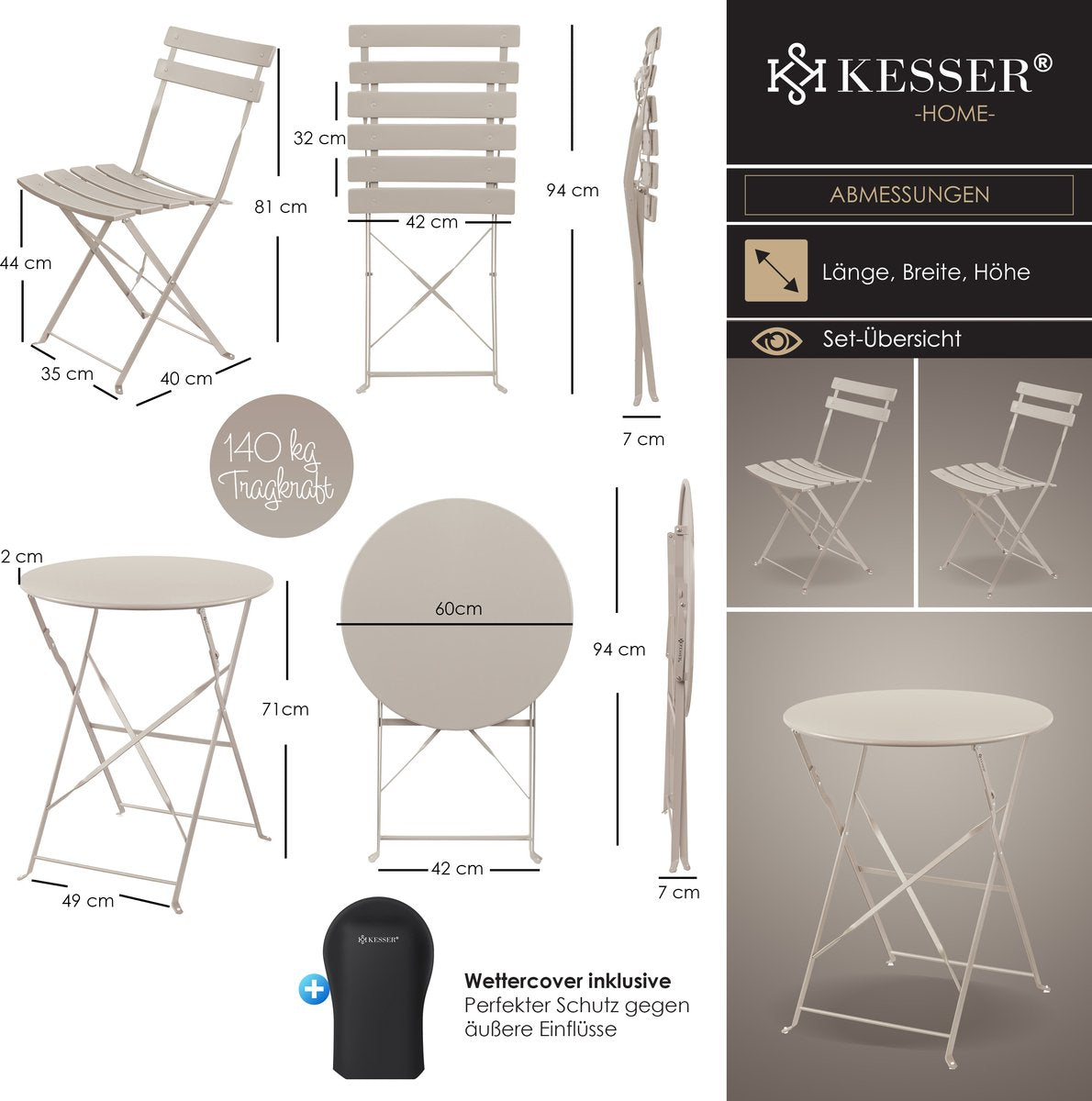 KESSER® Bistroset 3-delige Tafel met 2 inklapbaar stoelen - Balkonset Bistrotafel Bistrostoel Vouwmeubels Tuinset Zitgroep Metalen Tuintafel - Cappuccino