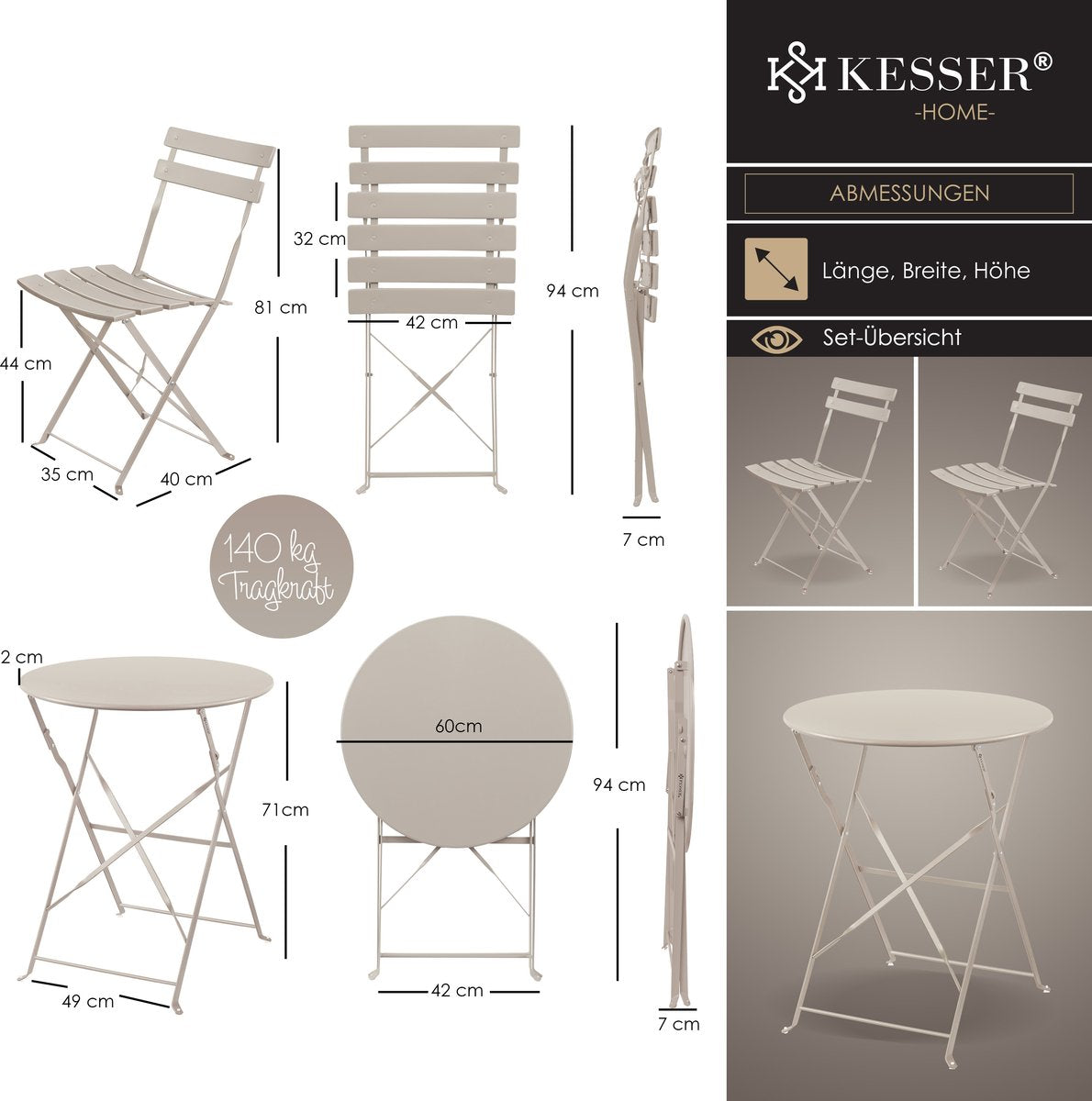KESSER® Bistroset 3-delige Tafel met 2 inklapbaar stoelen - Balkonset Bistrotafel Bistrostoel Vouwmeubels Tuinset Zitgroep Metalen Tuintafel - Cappuccino
