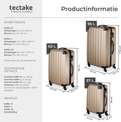 tectake® 3-Delige Kofferset – Hardshell Trolleykoffers – ABS Kunststof – TSA Cijferslot – 360° Draaibare Wielen – Verstelbare Telescoopgreep – Champagne •