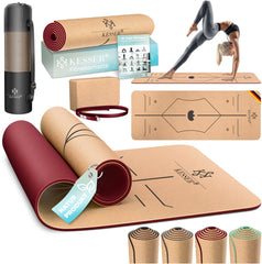 KESSER® Yogamat Kork 183x62cm Turnmat Gymnastiekmat Fitnessmat Inclusief Draagriem Tas & Yoga Blok - Bordeux