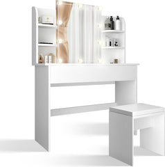 MIADOMODO® kaptafel, verlichting, kruk, spiegel, cosmetica tafel, wit •