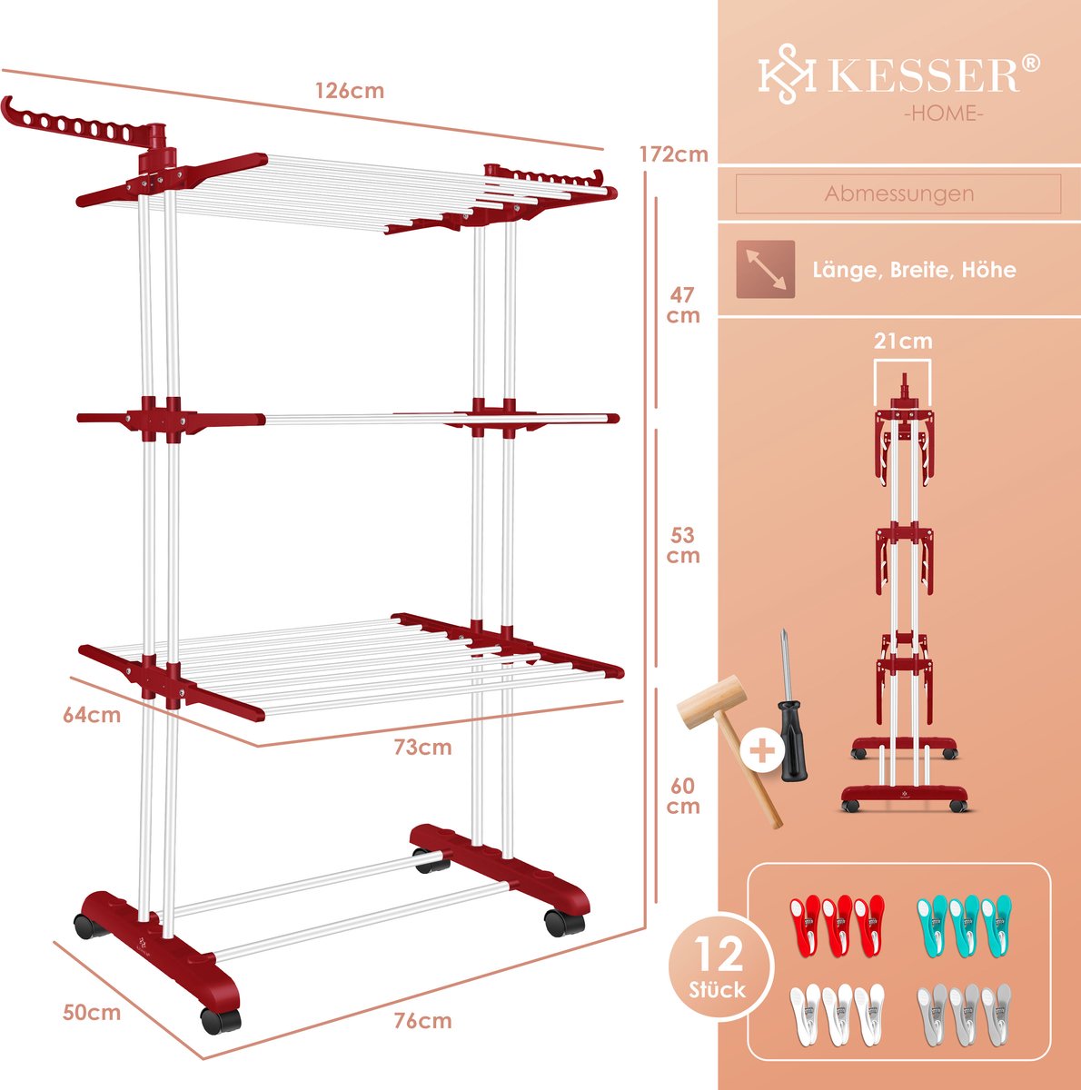 KESSER® Droogrek inklapbaar - Wasrek - Wit / Rood